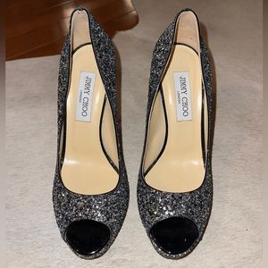 Jimmy Choo Black and Silver Glitter Open Toe Pump
